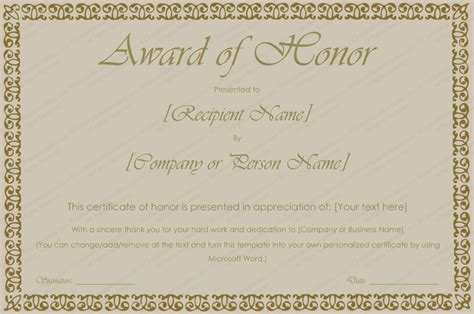 Printable Award Of Honor Certificate Template Get Certificate Templates