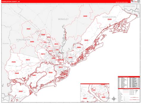 Charleston County Sc Zip Code Wall Map Red Line Style By Marketmaps