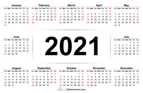 123freevectors 2021 Calendar With Week Numbers On The 5th Week Of 2021