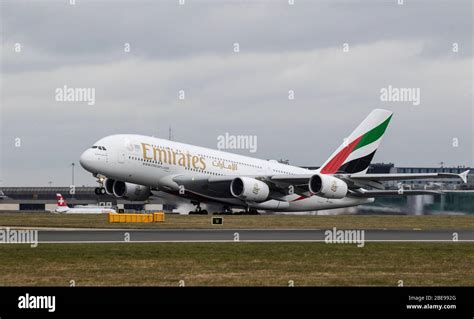 Emirates A380 Take Off Manchester Stock Photo Alamy