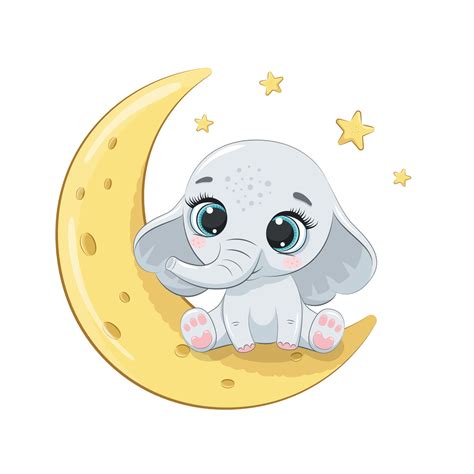 Cute Baby Elephant Sitting On The Moon Vector Illustration 3293065