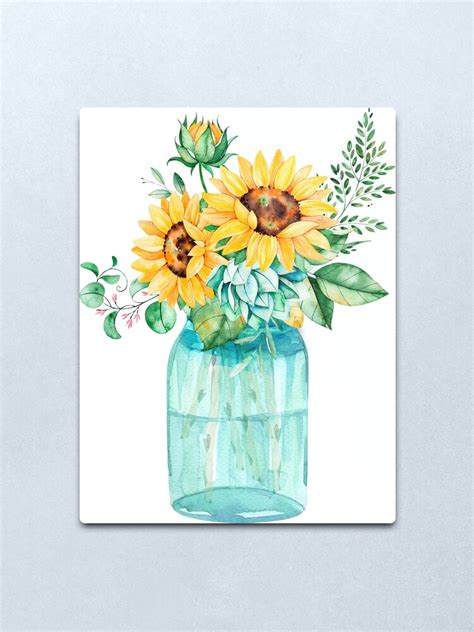 Sunflowers Mason Jar Sunflower Bouquet Watercolor Watercolor