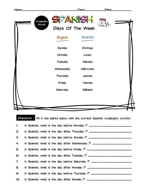 Spanish Days Of The Week Vocabulary Word List Worksheet Answer Key Made By Teachers