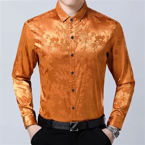 New 2018 Mens Spring Floral Silk Shirt Dress Male Long Sleeve Soft