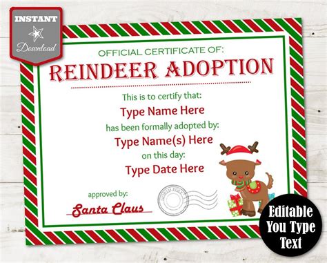 Instant Download Editable Reindeer Adoption Certificate You Etsy