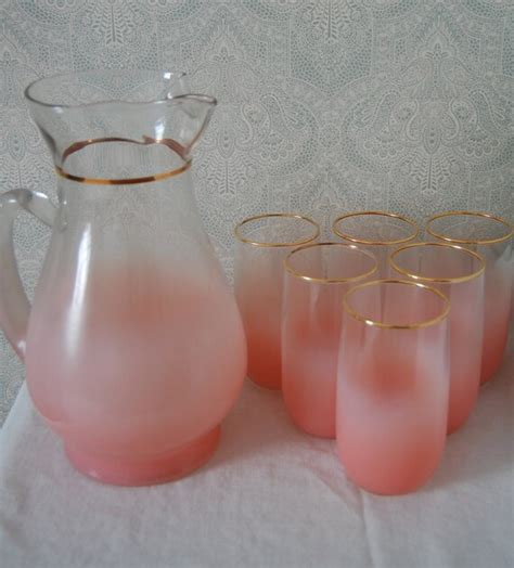 Vintage Blendo Pink Frosted Glass Pitcher And Set By Maryandmarge