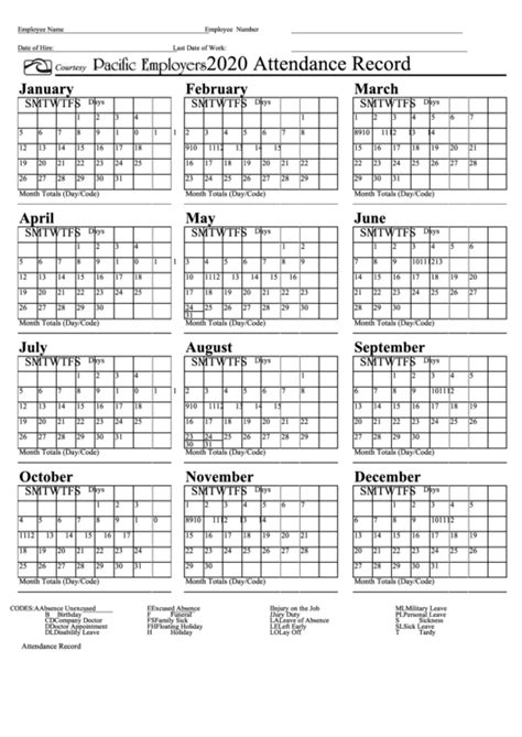 2020 Calendar Employee Attendance Calendar Online 2019