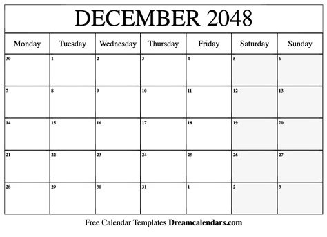 December 2048 Calendar Free Blank Printable With Holidays