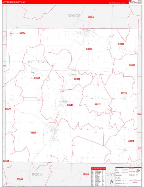 Jefferson County Wi Zip Code Wall Map Red Line Style By Marketmaps