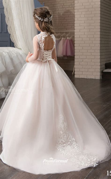 Tulle Lace Princess Jewel Long Sleeve Girls Formal Dresses Chk161