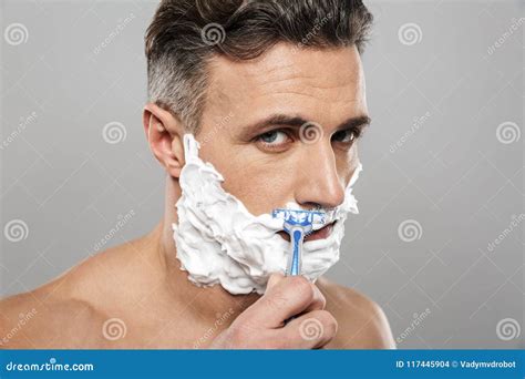 Handsome Mature Concentrated Man Naked Shaving Stock Photo Image Of Care Foam