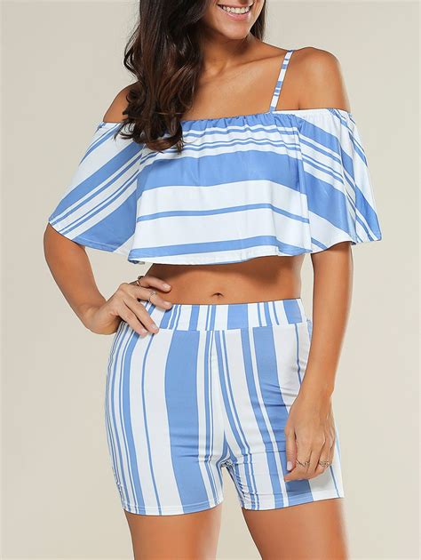41 Off 2021 Stripe Overlay Off Shoulder Cropped Top With Blue And