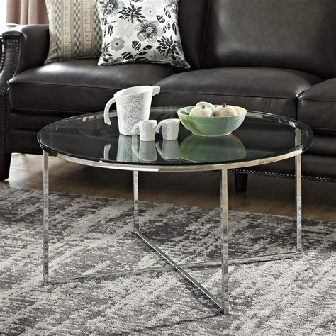 80 Cm Round Glass Top Coffee Table With Stainless Steel Metal X Base Living Room Furniture