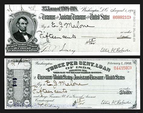 Us Treasury Checks Three Per Cent Loan Of 1898 And 1908