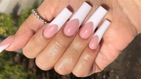 Long Tapered Square Pink And White French Tip Acrylic Nail Youtube
