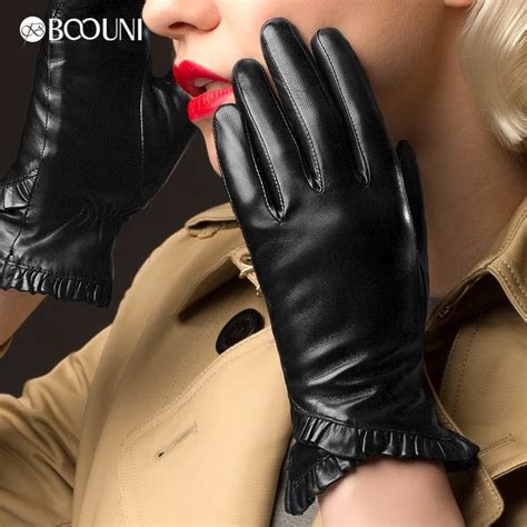 boouni genuine leather gloves classic black women sheepskin glove fashion trend thermal velvet