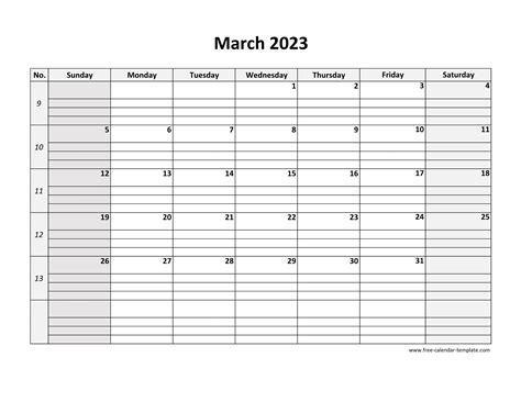 March 2023 Calendar Free Printable With Grid Lines Designed Horizontal