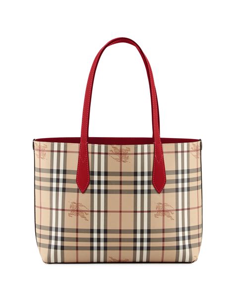 Burberry Lavenby Small Reversible Check And Leather Tote Bag Red