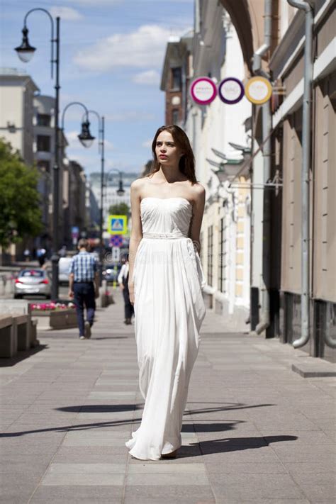 Full Length Portrait Of Beautiful Model Woman Walking In White D Stock