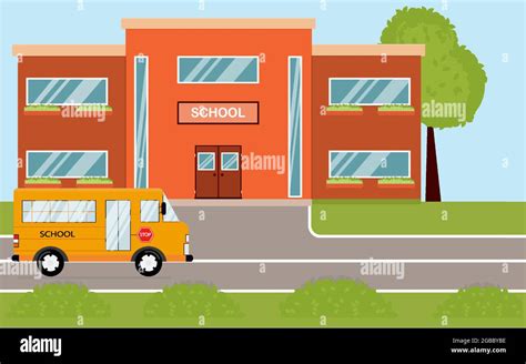 School Building In Cartoon Style Modern School With A Bus And A Front
