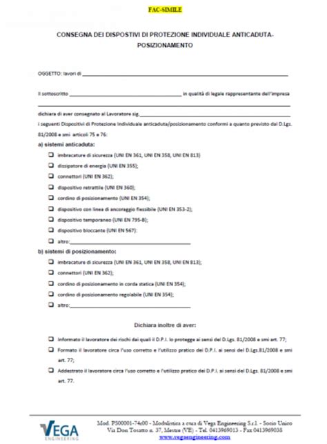 Fac Simile Modulo Di Consegna Dei Dispositivi Di Protezione Individuale