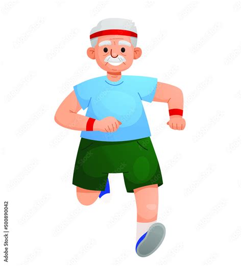Old Man Running Along Street Side Doing Sport Pensioners Outdoors