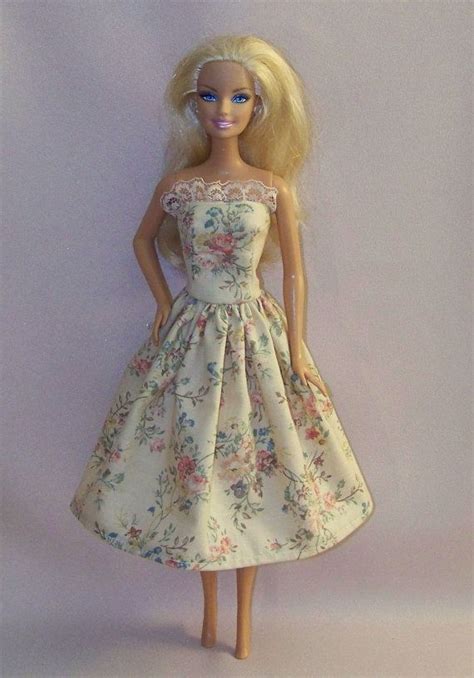Handmade Barbie Doll Clothes Beige Floral Print Barbie Dress Barbie