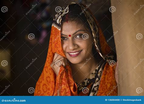 Portrait Indian Woman In Sari At Village Stock Photo Image Of