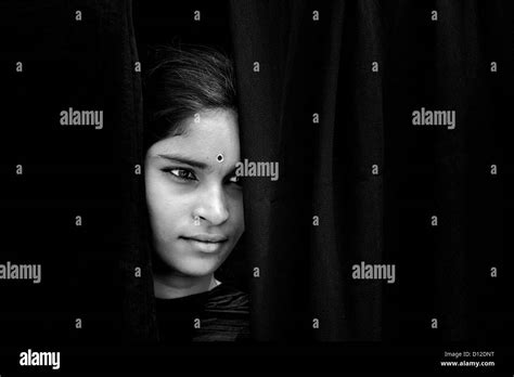 Indian Girl Face Looking Through Dark Shawls India Black And White