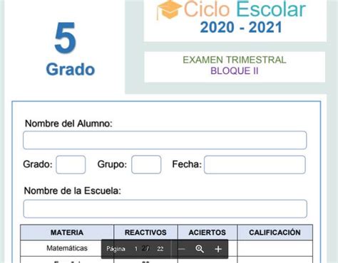 Examen Trimestral Bloque 2 Quinto Grado 2021 2022 Ciclo Escolar