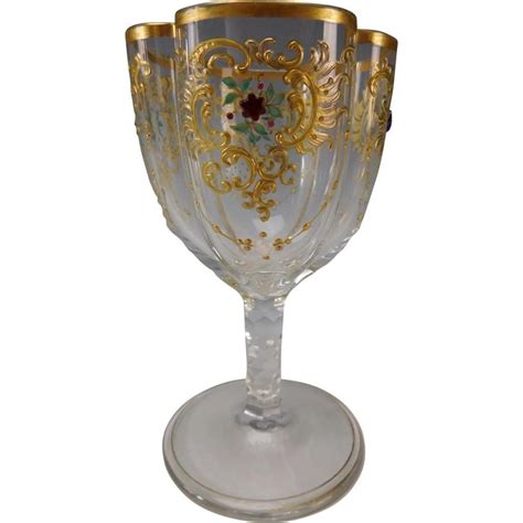 Antique Bohemian Moser Elegant Gilt And Jeweled Quatrefoil Lobed Wine Glass Stem Glass Moser