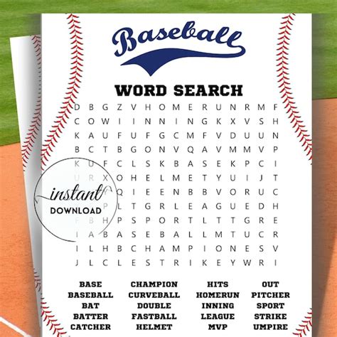 Baseball Word Search Game Baseball Printable Game Game Pdf Etsy