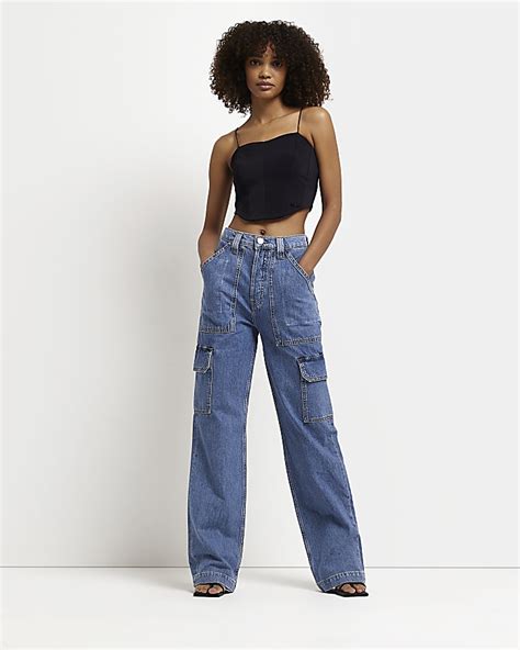 Blue High Waisted Pocketed Cargo Jeans River Island