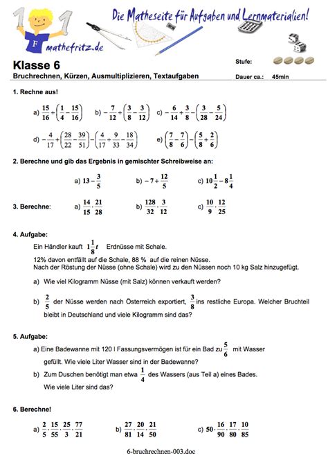 11.402 kostenlose arbeitsblätter für mathematik zum ausdrucken: Bruchrechnen Klasse 6 Gymnasium [Klassenarbeit + Lösungen ...