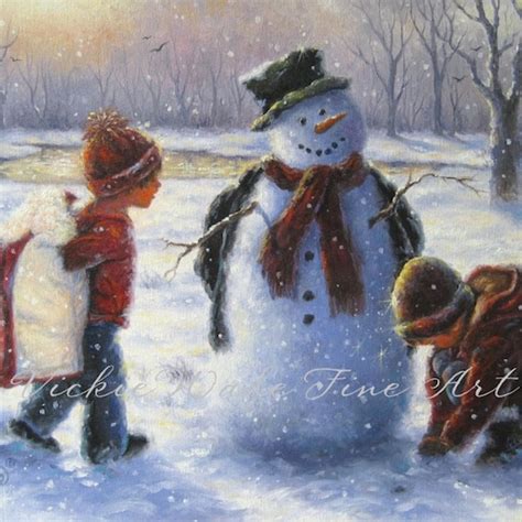 Snowman And Children Art Print Snowman Painting Children And Etsy