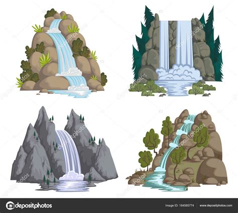 Waterfalls Set Cartoon Landscapes With Mountains And Trees Vector