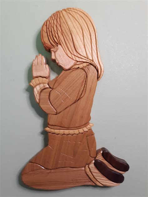Praying Girl Wood Intarsia Wall Hanging Handcrafted Scroll Etsy