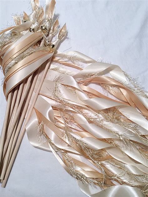 100 Wedding Ribbon Wands Ivory And Toffee With Metallic Gold