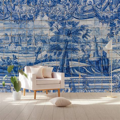 Murwall Chinoiserie Wallpaper Blue Tile Wall Mural Gold