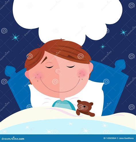 Small Boy With His Teddy Bear Sleeping In Bed Stock Vector
