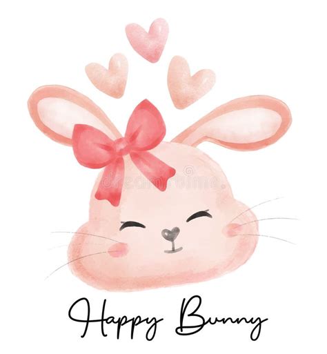 Cute Bunny Rabbit Girl Smile Face With Hearts Cartoon Watercolour