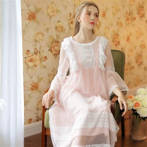 Roseheart Women Fashion Female Pink Sexy Sleepwear Nightdress Long Lace O Neck Nightwear