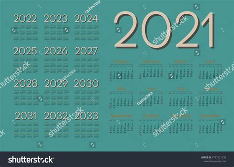 English Calendar Years 20212033 Week Starts Stock Vector Royalty Free