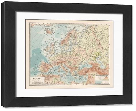 Topographic Map Of Europe Lithograph Published In Framed Photo