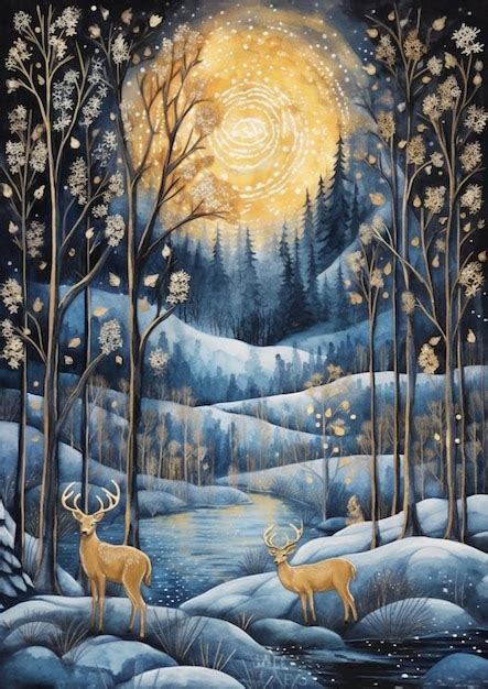 Premium Ai Image A Painting Of Two Deer In A Snowy Forest With A Full