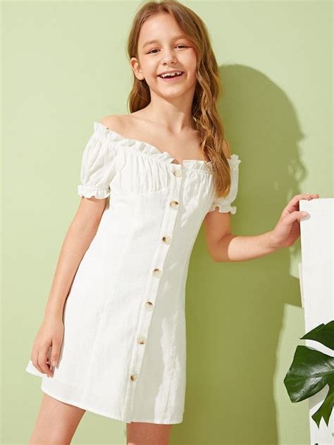 shein girls off shoulder frilled button front pleated dress girls fashion clothes girl