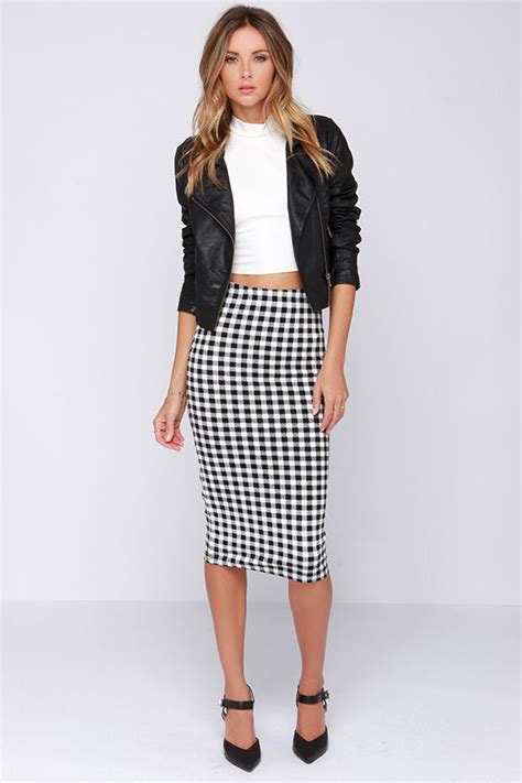 Chic Black And Ivory Skirt Checkered Skirt Midi Skirt Bodycon