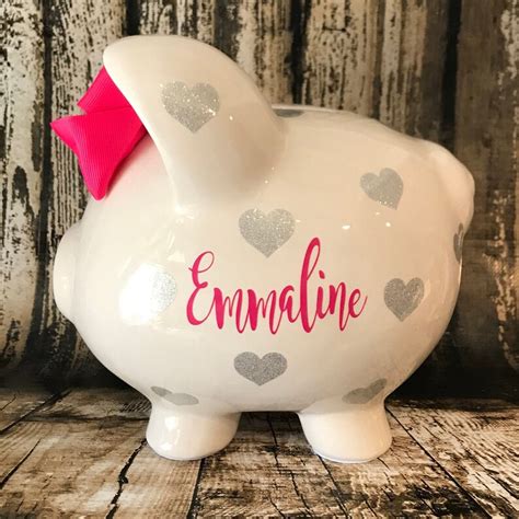 Extra Large Personalized Piggy Bank Silver Glitter Hearts Etsy