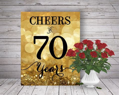 Cheers To 70 Years Party Sign Sparkle Gold Bokeh Glitter Etsy
