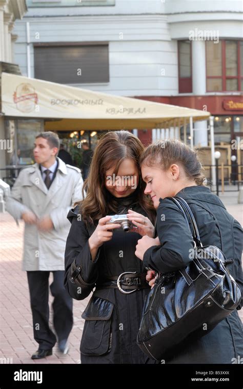 Two Russian Girls Overlooks The Taken Photos Arbat Street Moscow Russia